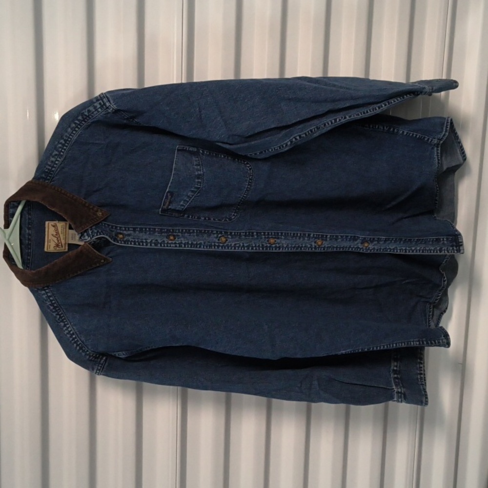 Vtg Woolrich Denim Button Down Men's Shirt L Cotton Corduroy Collar Blue